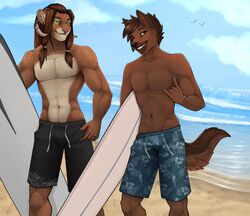  2018 5_fingers anthro black_nose brown_body brown_fur brown_hair clothed clothing day detailed_background digital_media_(artwork) duo ear_piercing fingers fur green_eyes hair hybrid male muscular muscular_male outside piercing robyn_paperdoll sky smile topless 