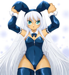  animal_ears aqua_eyes armpits arms_up bare_shoulders blue_bow blue_bowtie blue_hairband blue_leotard blue_sleeves bow bowtie closed_mouth commentary_request cowboy_shot dark-skinned_female dark_skin detached_collar detached_sleeves ears_down expressionless fake_animal_ears female fishnet_legwear fishnets frilled_sleeves frills hair_spread_out hairband highleg highleg_leotard leotard long_hair looking_at_viewer original pantyhose playboy_bunny rabbit_ears ranbu_hararin side-tie_leotard solo standing thigh_gap thighhighs thighs very_long_hair white_hair wing_collar zipper zipper_leotard zipper_pull_tab 