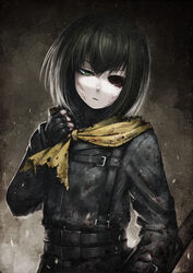  black_hair buckle canna_(hetza) commentary_request female fingerless_gloves gloves green_eyes hetza_(hellshock) looking_at_viewer missing_eye nagai_gojitsudan_no_nechronica scarf short_hair snap-fit_buckle solo 