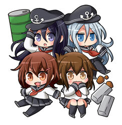  4girls akatsuki_(kancolle) bauxite black_eyes black_hair blue_eyes blue_hair brown_eyes brown_hair chibi commentary_request covering_own_mouth folded_ponytail hair_ornament hairclip half_updo hat hibiki_(kancolle) ikazuchi_(kancolle) inazuma_(kancolle) kantai_collection long_hair long_sleeves looking_at_viewer multiple_girls oerba_yun_fang open_mouth pantyhose pleated_skirt school_uniform serafuku sirosori skirt sleeves_past_wrists tears wavy_mouth 