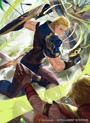  1boy armor arrow_(projectile) belt blonde_hair blue_eyes commentary_request copyright_name faceless faceless_male fire_emblem fire_emblem:_mystery_of_the_emblem fire_emblem_cipher gloves leaf male_focus mayo_(becky2006) official_art ogma_(fire_emblem) scar shield sword tree weapon 