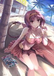  armlet beach braid breasts brown_eyes brown_hair brown_shorts cleavage commentary_request d-frag! day female hairband large_breasts long_hair magazine_(object) mystic-san outdoors shorts sitting smile solo swimsuit takao_(d-frag!) 