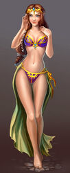  barefoot bikini blue_eyes braid brown_hair female female_only hylian long_hair navel neko-tin nintendo pinup pointy_ears princess_zelda sash simple_background smile solo standing the_legend_of_zelda tiara zelda_(twilight_princess) 