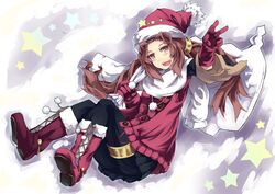  boots christmas commentary_request duel_monster emilia_(yu-gi-oh!) female gishki_emilia gloves hat jewelry long_hair normaland open_mouth pantyhose red_eyes red_gloves red_hair ringlets santa_boots santa_costume santa_hat sidelocks skirt solo twintails v yu-gi-oh! 