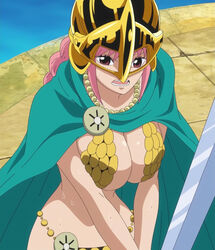  armor bikini_armor breasts cape cleavage dressrosa female female gladiator helmet large_breasts long_hair one_piece pink_hair rebecca_(one_piece) screencap solo standing stitched sweat sword 