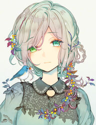  animal aqua_eyes bird closed_mouth collared_shirt commentary expressionless female green_eyes grey_hair grey_shirt hair_ornament head_tilt heterochromia highres kuroyuki leaf_hair_ornament long_hair looking_at_viewer original shirt sidelocks simple_background solo upper_body white_background 