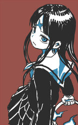  black_hair black_serafuku blue_eyes commentary_request cross_scar dress facial_mark female fire forehead_mark hoop ishigami_kouko long_hair marker_(medium) red_background sailor_collar scar school_uniform serafuku simple_background solo spirit_circle traditional_media weapon yamamoto_souichirou 