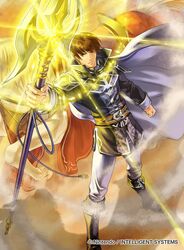  1boy boots brown_eyes brown_hair cape commentary_request copyright_name fire_emblem fire_emblem:_genealogy_of_the_holy_war fire_emblem_cipher gae_bolg_(fire_emblem) kita_senri male_focus official_art polearm quan_(fire_emblem) sparkle spear weapon 