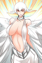  arms_behind_back bare_shoulders breasts collar commentary_request female highres kill_la_kill kiryuuin_ragyou large_breasts long_hair mature_female megatama navel smile solo 