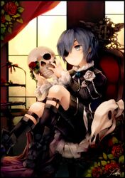  1boy ashisu_(shisono) blue_eyes blue_hair ciel_phantomhive commentary_request eyepatch flower full_body gloves kodona kuroshitsuji lolita_fashion male_focus skull solo 