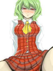  ascot blouse blush commentary_request female ginji_(sakaki_summer) green_hair grin kazami_yuuka long_sleeves looking_at_viewer naughty_face painttool_sai_(medium) plaid plaid_skirt plaid_vest red_eyes shirt short_hair skirt smile smirk solo touhou vest 