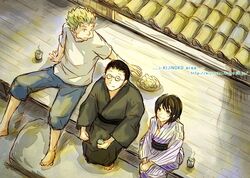  2boys black_hair father_and_daughter female glasses green_hair koshiro kuina multiple_boys one_piece porch roronoa_zoro sitting tea 