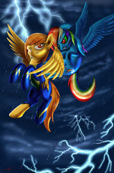  2016 angry battle blood blue_body blue_feathers blue_fur bodily_fluids clenched_teeth clothing cloud cutie_mark duo electricity equid equine feathered_wings feathers female feral fight flying friendship_is_magic fur hair hasbro hi_res jeki lightning mammal multicolored_hair my_little_pony mythological_creature mythological_equine mythology outside pegasus rainbow_dash_(mlp) rainbow_hair raining red_eyes sky spitfire_(mlp) spread_wings teeth uniform wings wonderbolts_(mlp) wounded yellow_body yellow_feathers yellow_fur 