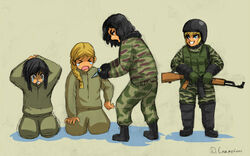  &gt;o&lt; 4girls ak-47 akm assault_rifle black_hair blonde_hair blue_eyes boots braid brown_eyes camouflage cyborg flick-the-thief full_body gloves grin gun hands_on_head helmet kneeling knife load_bearing_vest military military_uniform multiple_girls open_mouth real_life rule_63 russian scared shouting signature simple_background tears ukrainian ukrainian_flag weapon 