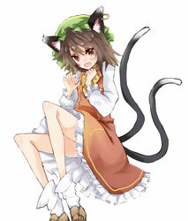  animal_ears bow brown_hair cat_ears cat_tail chen commentary dress earrings female hat highres jewelry mob_cap multiple_tails oerba_yun_fang open_mouth red_eyes single_earring slit_pupils smile solo tail touhou zhu_xiang 