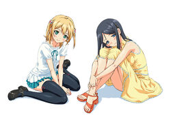  2girls between_legs black_hair black_legwear blonde_hair blue_eyes green_eyes hand_between_legs kamimura_chika kamimura_haruka knees_to_chest loafers long_hair looking_at_viewer multiple_girls official_art photoshop_(medium) sandals shoes short_sleeves siblings simple_background sisters sisters_~natsu_no_saigo_no_hi~ sitting skirt sleeveless smile thighhighs v_arms wariza white_background 