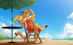  16:10 2016 amber_eyes anthro barefoot beach beverage biped black_pawpads blonde_hair breasts chair cheetah chest_tuft clothed clothing colored conditional_dnp crossed_legs detailed_background digitigrade dress feet felid feline female fur furniture glass hair hat headgear headwear hi_res holding_glass holding_object long_hair mammal markings mihari multicolored_body multicolored_fur orange_body orange_fur outside parasol pawpads paws sand seaside sitting smile solo spots spotted_body spotted_fur table tom_fischbach tuft white_body white_fur widescreen wind yellow_body yellow_fur 