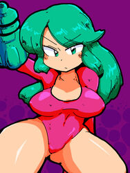  :/ alternate_eye_color alternate_hair_color arm_behind_back arm_cannon arm_up bangs blush breasts commentary cowboy_shot curvy erect_nipples female green_eyes green_hair justin_bailey kurohaneco large_breasts legs_apart leotard long_hair metroid metroid_(classic) parted_bangs purple_background samus_aran solo thick_thighs thighs varia_suit weapon 