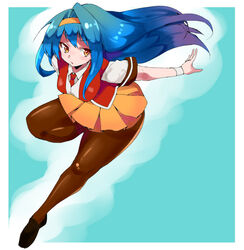  aqua_background arcana_heart bad_id bad_pixiv_id blue_hair blush border breasts brown_footwear brown_pantyhose female floating_hair hairband legs loafers long_hair medium_breasts miniskirt misono_gakuen_school_uniform necktie orange_eyes orange_skirt outside_border pantyhose pleated_skirt red_necktie red_vest sailor_collar school_uniform shie_(m417) shirt shoes short_sleeves skirt solo thighband_pantyhose tsuzura_saki very_long_hair vest white_border white_shirt 