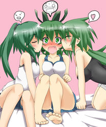  3girls bare_shoulders barefoot bed bike_shorts blush breasts caam_serenity_of_gusto closed_eyes collar commentary_request double_cheek_kiss duel_monster embarrassed feet girl_sandwich green_eyes green_hair hair_ornament hair_ribbon heart highres jewelry kiramashi_(satsujinki) kissing kissing_cheek large_breasts long_hair miniskirt multiple_girls oerba_yun_fang open_mouth panties ponytail ribbon sandwiched siblings sisters sitting skirt spoken_expression spoken_heart surprise_kiss surprised underwear white_panties winda_(yu-gi-oh!) winda_priestess_of_gusto wynn_(yu-gi-oh!) wynn_the_wind_charmer yu-gi-oh! 