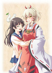  2girls 7nanappe :d ^_^ animal animal_on_head blonde_hair blush closed_eyes commentary_request fushimi_inari hair_ribbon highres inari_konkon_koi_iroha. japanese_clothes kon_(inakon) long_hair miko multiple_girls on_head open_mouth ponytail ribbon ribbon-trimmed_sleeves ribbon_trim smile tress_ribbon uka-no-mitama-no-kami_(inakon) yellow_eyes 