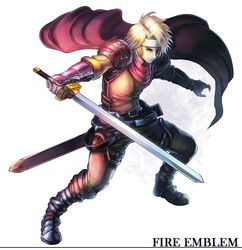  1boy blonde_hair blue_eyes boots caesar_(fire_emblem) cape commentary_request copyright_name fire_emblem fire_emblem:_mystery_of_the_emblem gloves headband male_focus photoshop_(medium) simple_background solo sword umipro weapon white_background 