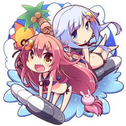  2girls :d adapted_costume bad_id bad_pixiv_id bikini blue_bikini blue_eyes crescent crescent_hair_ornament hair_ornament hirose_madoka kantai_collection long_hair low-tied_long_hair multiple_girls navel oerba_yun_fang open_mouth parted_lips pink_hair purple_hair rabbit_hair_ornament short_hair_with_long_locks side-tie_bikini_bottom smile swimsuit torpedo torpedo_tubes uzuki_(kancolle) v-shaped_eyebrows yayoi_(kancolle) yellow_eyes 