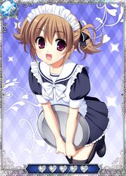  black_ribbon black_thighhighs brown_eyes brown_hair card_(medium) female grisaia_(series) grisaia_no_kajitsu hair_ribbon irisu_makina looking_at_viewer maid maid_headdress open_mouth ribbon short_hair smile solo thighhighs 