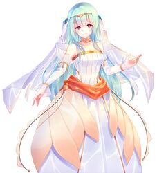  :d arcelle blue_hair blunt_bangs breasts choker cleavage commentary_request detached_sleeves dress female fire_emblem fire_emblem:_the_blazing_blade fire_emblem_heroes hair_between_eyes hair_ornament highres long_dress long_hair looking_at_viewer medium_breasts ninian_(bridal)_(fire_emblem) ninian_(fire_emblem) open_mouth red_eyes simple_background smile solo standing striped_clothes striped_dress very_long_hair white_background white_dress 