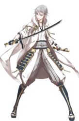  1boy armor black_gloves full_body gloves grey_hair izumi_(nagashi) japanese_armor japanese_clothes katana kusazuri male_focus official_art partially_fingerless_gloves sheath solo sword touken_ranbu transparent_background tsurumaru_kuninaga weapon yellow_eyes 