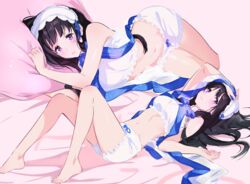  arm_up barefoot bed_sheet black_hair blue_ribbon chitanda_eru commentary crop_top female full_body headdress highres hyouka long_hair lying madoromi_no_yakusoku mery_(yangmalgage) midriff multiple_views navel on_back on_side pillow purple_eyes ribbon short_shorts shorts stomach very_long_hair white_shorts 