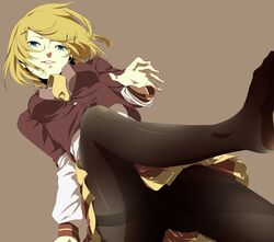  aqua_eyes bad_id bad_pixiv_id black_pantyhose blonde_hair female hair_ornament hairclip highres kagamine_rin necktie pantyhose parted_lips project_diva_(series) sa_tsuko short_hair simple_background solo thighband_pantyhose trad_school_(module) vocaloid yellow_necktie 