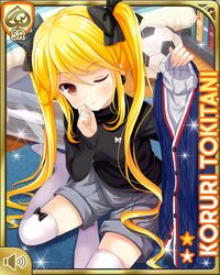  artist_request ball black_shirt blonde_hair card_(medium) character_name earrings female girlfriend_(kari) hair_ribbon jewelry jpeg_artifacts long_hair official_art one_eye_closed ribbon shirt shorts smile soccer_ball solo sparkle telstar thighhighs tokitani_koruri twintails white_thighhighs yellow_eyes 