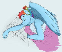  2015 anthro anthrofied bed biped blue_body blue_feathers blue_fur closed_eyes digital_media_(artwork) equid equine feathered_wings feathers friendship_is_magic ftm_crossgender fur furniture hair hasbro hi_res lying male mammal multicolored_hair my_little_pony mythological_creature mythological_equine mythology nolycs on_bed pegasus pillow rainbow_dash_(mlp) rainbow_hair rule_63 sleeping solo under_covers wings 