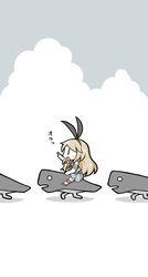  absurdres abyssal_ship bad_id bad_pixiv_id blonde_hair blush_stickers elbow_gloves female gloves highres i-class_destroyer kantai_collection kuchiku_i-kyuu long_hair open_mouth pointing riding sailor_collar shimakaze_(kancolle) skirt striped_clothes striped_thighhighs thighhighs white_gloves yuasan |_| 