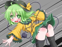  ass back bad_id bad_pixiv_id black_panties black_thighhighs blush bow female green_eyes green_hair hat hat_bow heart heart_of_string komeiji_koishi looking_back oden_(th-inaba) open_mouth panties pantyshot side-tie_panties solo thighhighs third_eye touhou underwear 