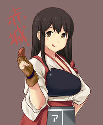  :q akagi_(kancolle) bauxite black_hair blush commentary_request female gloves highres japanese_clothes kantai_collection long_hair muneate partially_fingerless_gloves shoumaru_(gadget_box) sleeves_rolled_up solo tasuki tongue tongue_out translated yellow_eyes yugake 