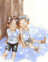  1boy black_hair female green_hair kuina one_piece roronoa_zoro shirt sitting sleeping t-shirt tank_top tree younger 