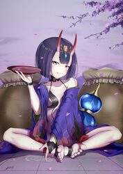  barefoot barefoot_sandals_(jewelry) blush bowl closed_mouth collarbone commentary_request fate/grand_order fate_(series) female highres holding holding_bowl horns looking_at_viewer oni purple_eyes purple_hair short_hair shuten_douji_(fate) shuten_douji_(first_ascension)_(fate) signature sitting skin-covered_horns smile solo tongue tongue_out yeh_(354162698) 