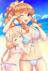  2girls :3 ass ass_visible_through_thighs beach bikini blonde_hair breasts brown_hair closed_eyes cloud commentary_request day food futaba_anzu greave_(asterism) groin hair_ornament height_difference idolmaster idolmaster_cinderella_girls large_breasts long_hair moroboshi_kirari multiple_girls ocean outdoors ponytail popsicle red_eyes sideboob small_breasts star_(symbol) star_hair_ornament swimsuit underboob 