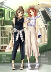  2girls arms_behind_back bag balcony bare_shoulders black_pants blunt_bangs blush brown_eyes brown_hat building capri_pants chef_no_kimagure_salad city closed_mouth clothes_around_waist collarbone commentary_request cup drinking_straw escalator fashion fedora grey_pants hair_bun hat highres hojo_karen holding holding_cup idolmaster idolmaster_cinderella_girls kamiya_nao looking_at_viewer multiple_girls no_legwear off_shoulder outdoors over_shoulder pants railing red_hair sandals shopping_bag short_hair single_hair_bun sky sleeveless smile socks striped_clothes striped_pants tank_top thick_eyebrows toes translation_request vertical-striped_clothes vertical-striped_pants white_socks window window_shutter yellow_sky 