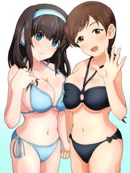  2girls bikini black_hair blue_eyes breast_press breasts brown_eyes brown_hair commentary_request gradient_background hairband holding_hands huge_breasts idolmaster idolmaster_cinderella_girls long_hair multiple_girls nikukyuu_(vento-aureo-giogio) nitta_minami ponytail sagisawa_fumika smile swimsuit symmetrical_docking 