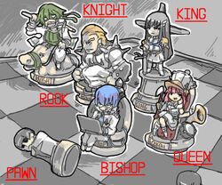  2girls 4boys board_game chess chess_piece chessboard commentary_request english_text extra gamagoori_ira inumuta_houka jakuzure_nonon kill_la_kill kiryuuin_satsuki multiple_boys multiple_girls sanageyama_uzu satsuki_(itome) 