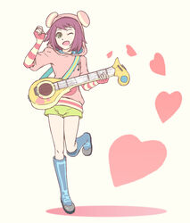  abanasosu boots female fingerless_gloves gloves green_eyes green_shorts guitar heart hibiki_misora hood hoodie instrument lolicon musical_note one_leg_raised open_mouth purple_hair short_hair short_shorts shorts simple_background smile solo standing standing_on_one_leg white_background 