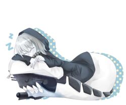  abyssal_ship closed_eyes commentary_request female fingernails grey_hair highres hood hoodie kantai_collection lying monster pale_skin pasu pink_nails re-class_battleship short_hair sleeping smile solo turret zzz 