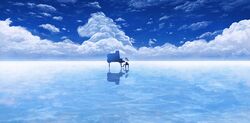  black_hair black_skirt cloud cloudy_sky commentary_request day female highres hoshimiya_aki instrument lake long_hair md5_mismatch music original outdoors piano playing_instrument playing_piano resolution_mismatch salar_de_uyuni scenery sitting skirt sky source_larger 