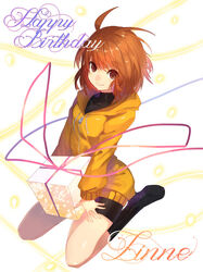  ahoge banned_artist bike_shorts boots box brown_eyes brown_hair character_name flat_chest gift gift_box happy_birthday hood hoodie kneeling linne orange_shirt ribbon shirt short_hair smile solo under_night_in-birth yusano zipper 