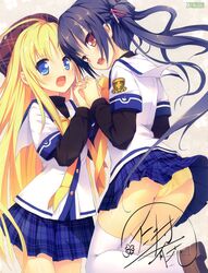  2girls :d absurdres blonde_hair blue_eyes brown_eyes clover_days hat highres holding_hands interlocked_fingers long_sleeves multiple_girls nimura_yuuji open_mouth panties pantyshot purple_hair school_uniform siblings signature sisters skirt smile takakura_anri takakura_anzu thighhighs underwear white_legwear yellow_panties 