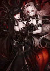  2girls abyssal_ship air_defense_princess bare_shoulders black_bow black_gloves black_hair bow breasts chains choker claws cleavage colored_skin commentary_request crossed_bangs gloves gothic_lolita grabbing grabbing_another&#039;s_breast hairband hairbow highres horns infukun kantai_collection large_breasts lolita_fashion long_hair looking_at_viewer multiple_girls navel open_mouth photoshop_(medium) red_eyes seaplane_tender_princess smile very_long_hair white_hair white_skin wrist_cuffs yuri 