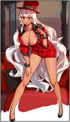  bad_id bad_pixiv_id bare_legs breasts chair cleavage collarbone commentary dungeon_and_fighter female full_body hat high_heels highres indoors jacket large_breasts long_hair ludaf open_clothes open_mouth pillow red_eyes red_hat red_jacket red_shorts shorts sweat underwear uniform white_hair 